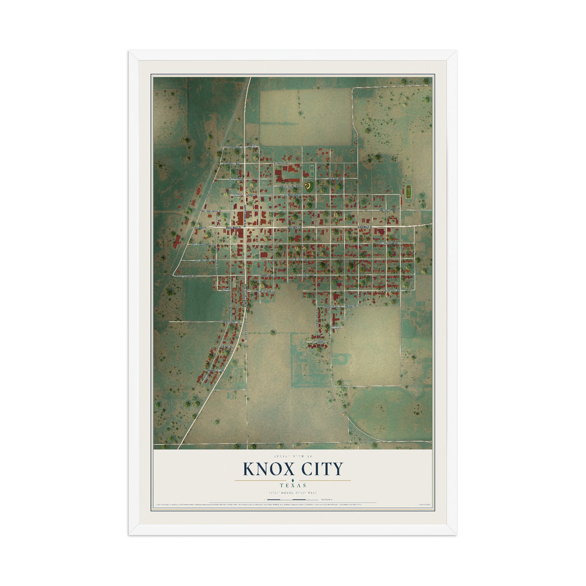 Map of Knox City, Texas, 12 x 18 inch print in a white wood frame