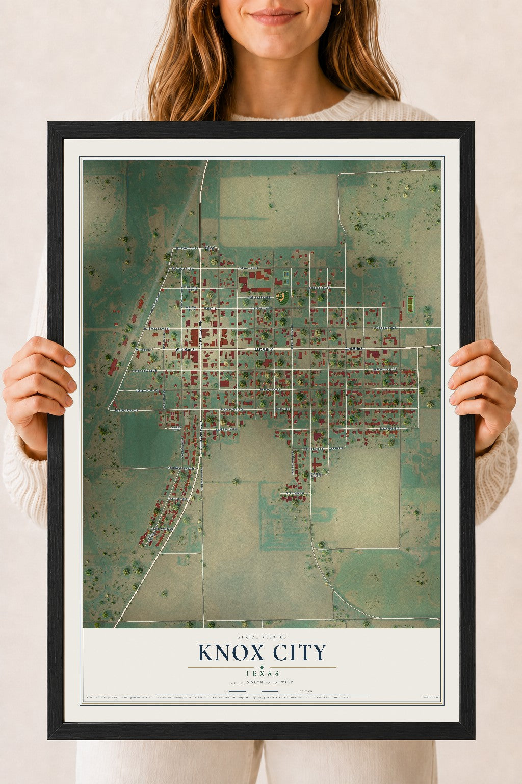 Map of Knox City, Texas, 18 x 24 inch print in a black wood frame