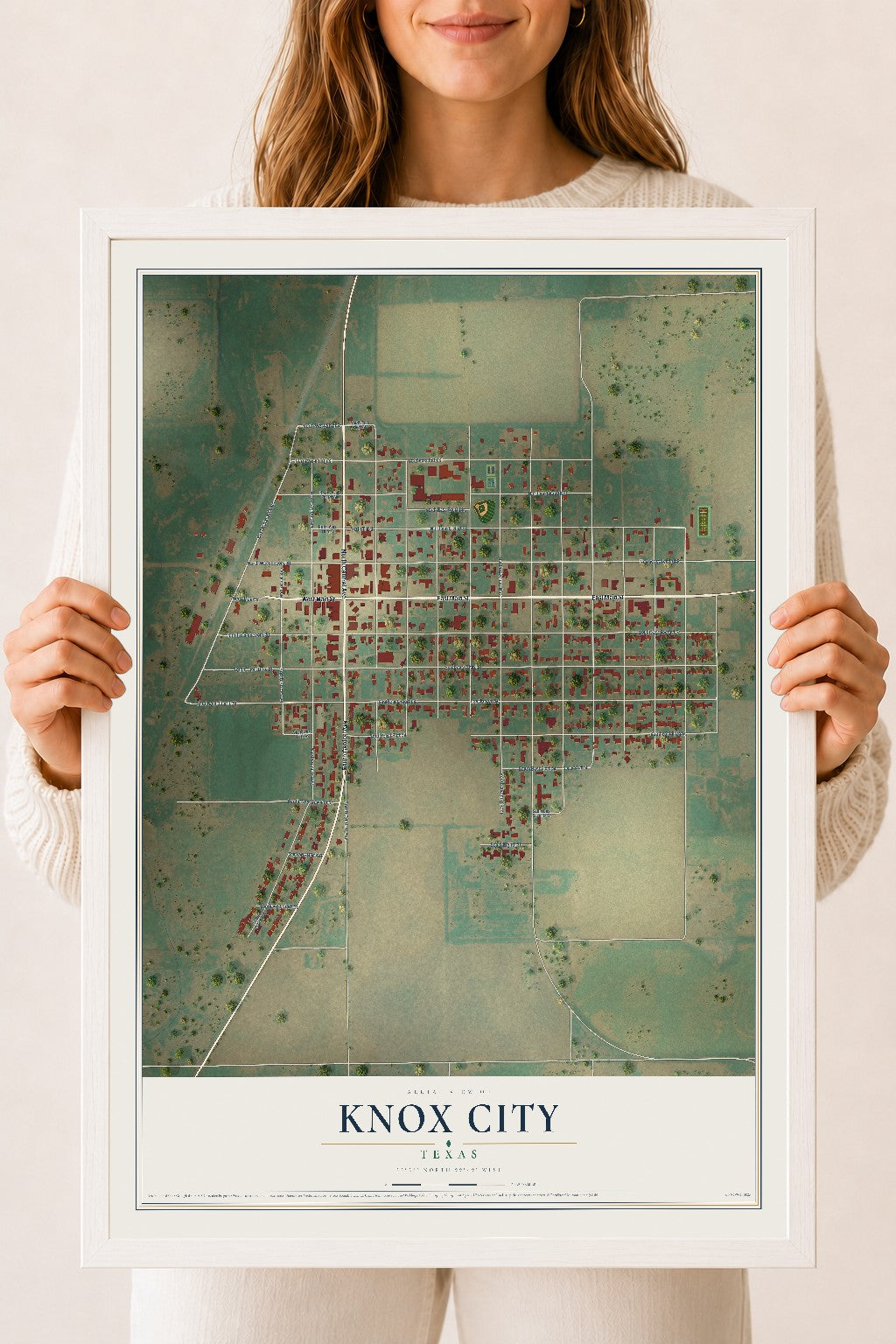 Map of Knox City, Texas, 18 x 24 inch print in a white wood frame