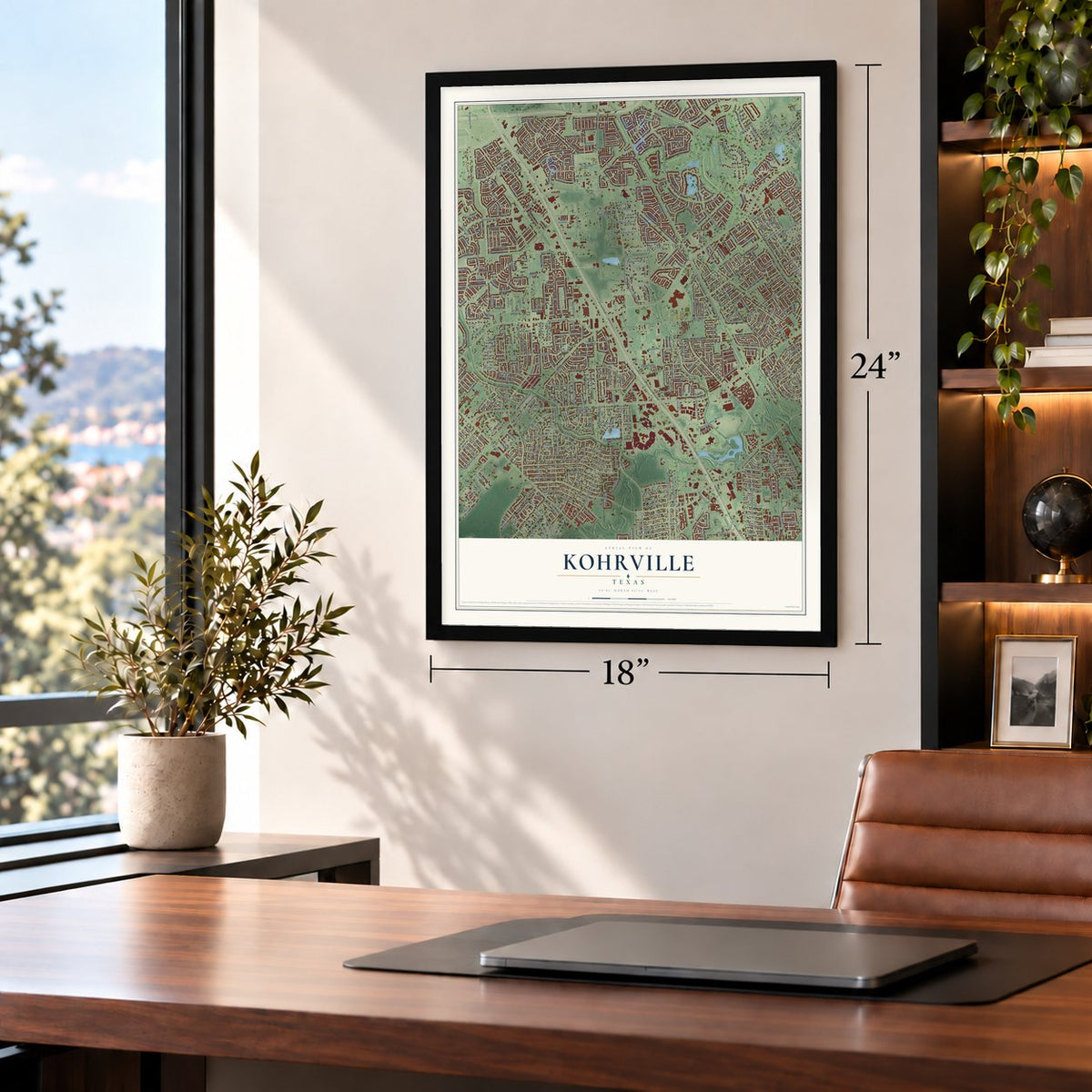 Kohrville, Texas map, 18 x 24 inch print in a black frame in a home office