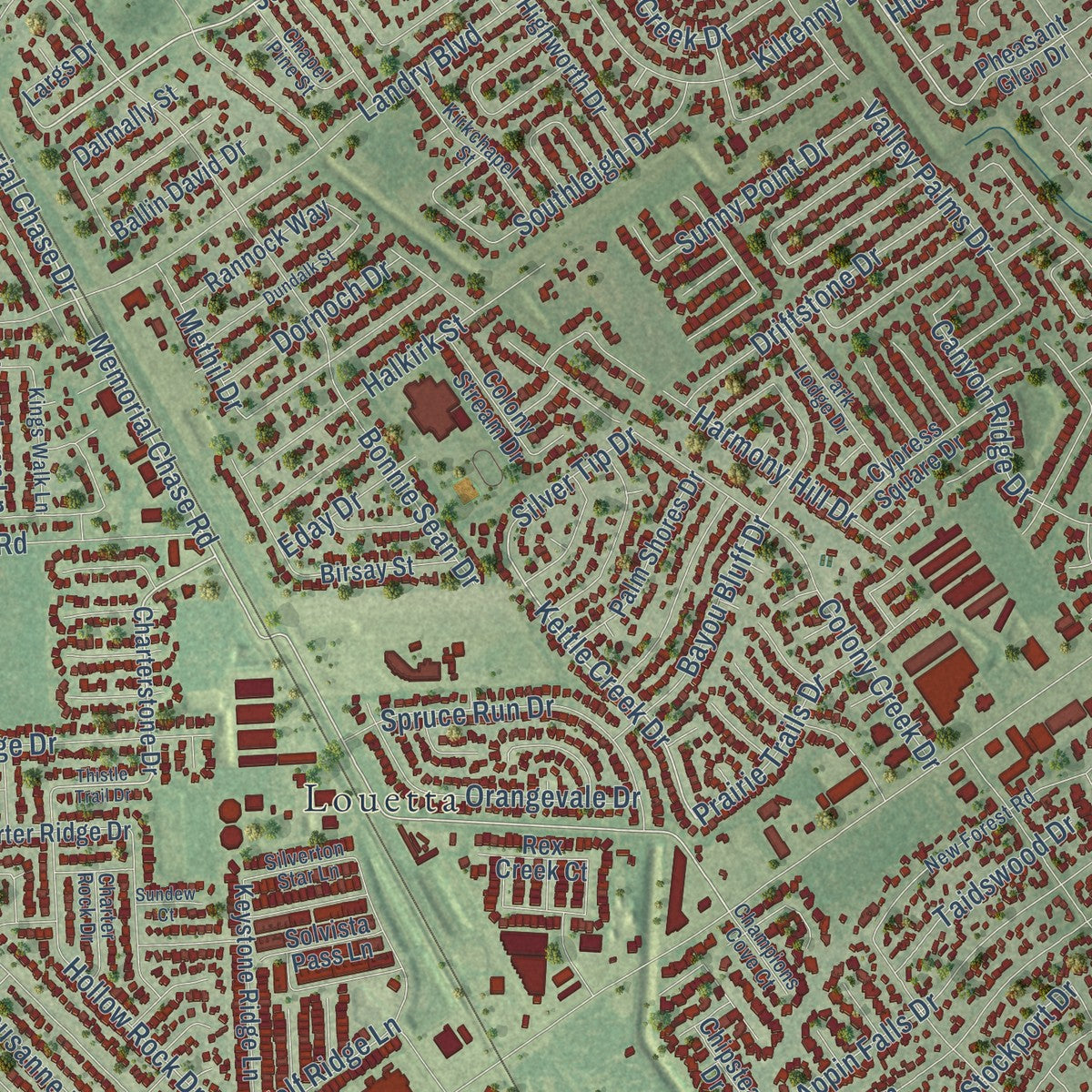 Close-up of the map of Kohrville, Texas print showing street and building detail