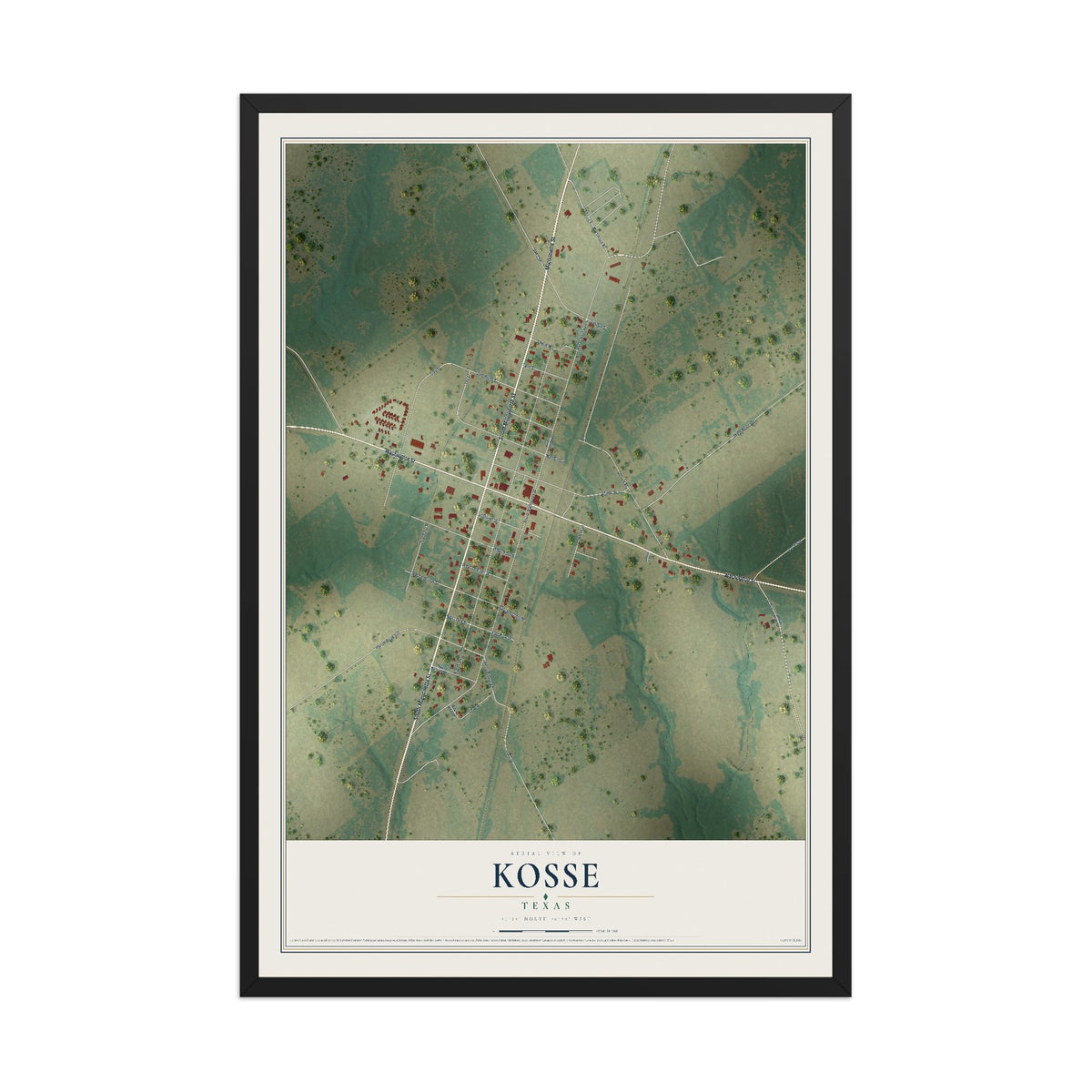 Map of Kosse, Texas, 12 x 18 inch print in a black wood frame
