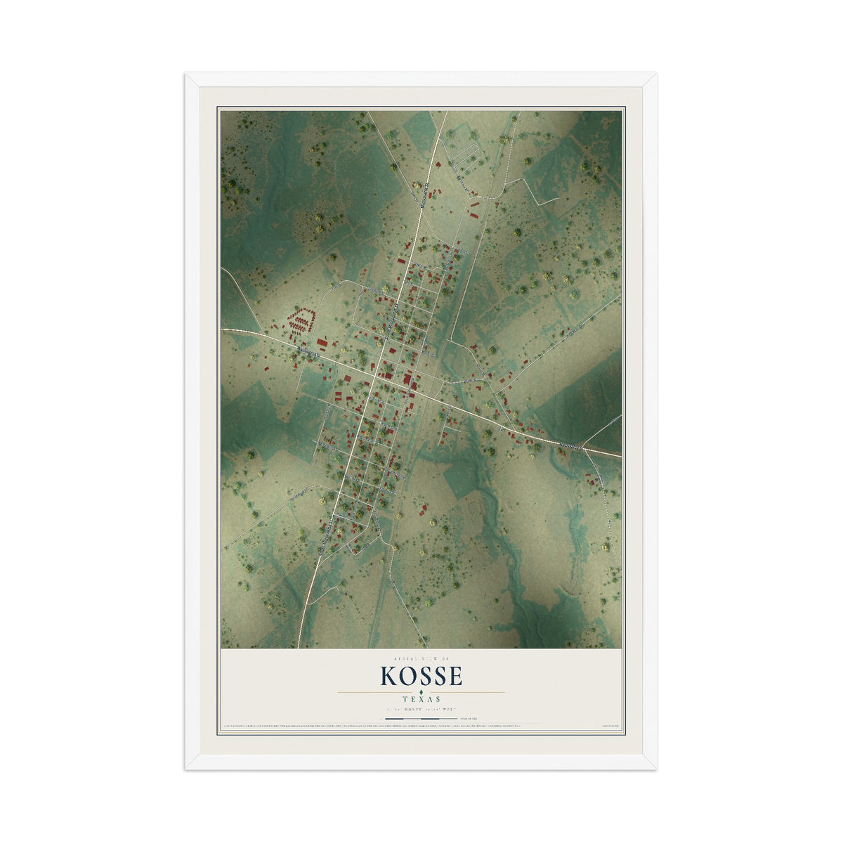 Map of Kosse, Texas, 12 x 18 inch print in a white wood frame