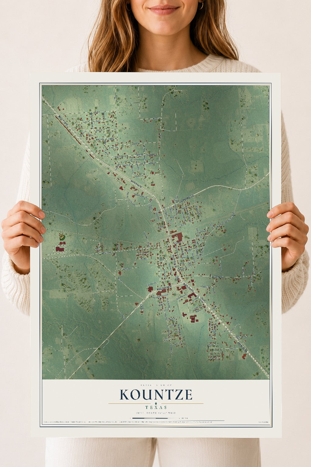 Map of Kountze, Texas, 18 x 24 inch unframed archival matte print