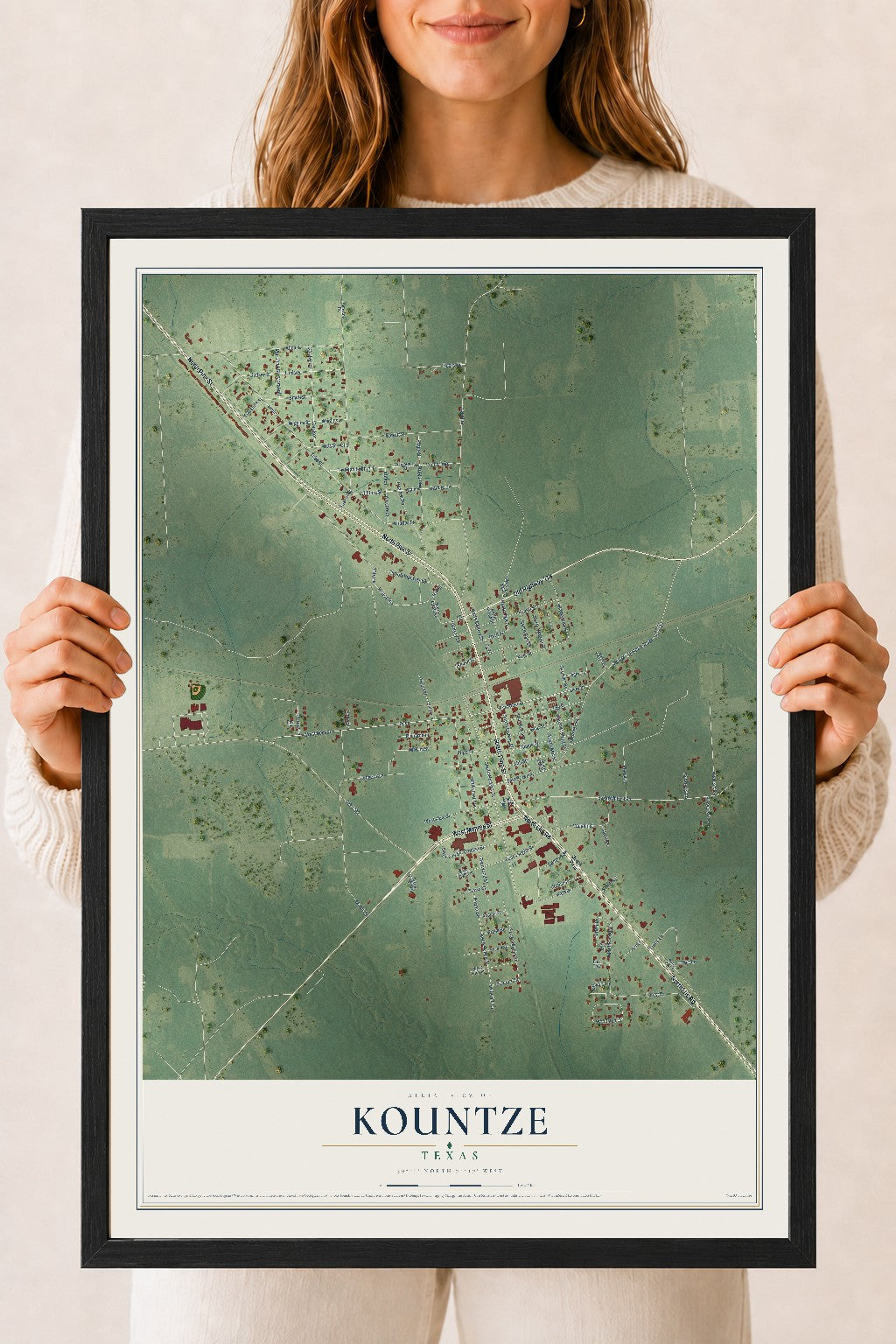 Map of Kountze, Texas, 18 x 24 inch print in a black wood frame