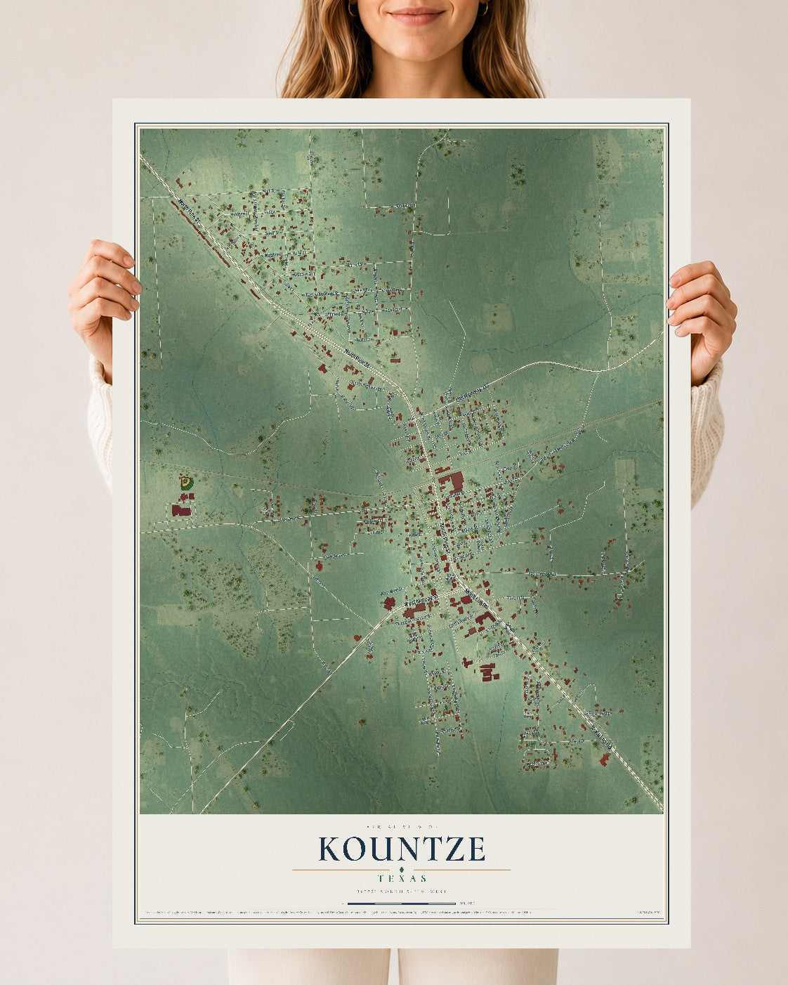 Map of Kountze, Texas, 24 x 36 inch unframed archival matte print