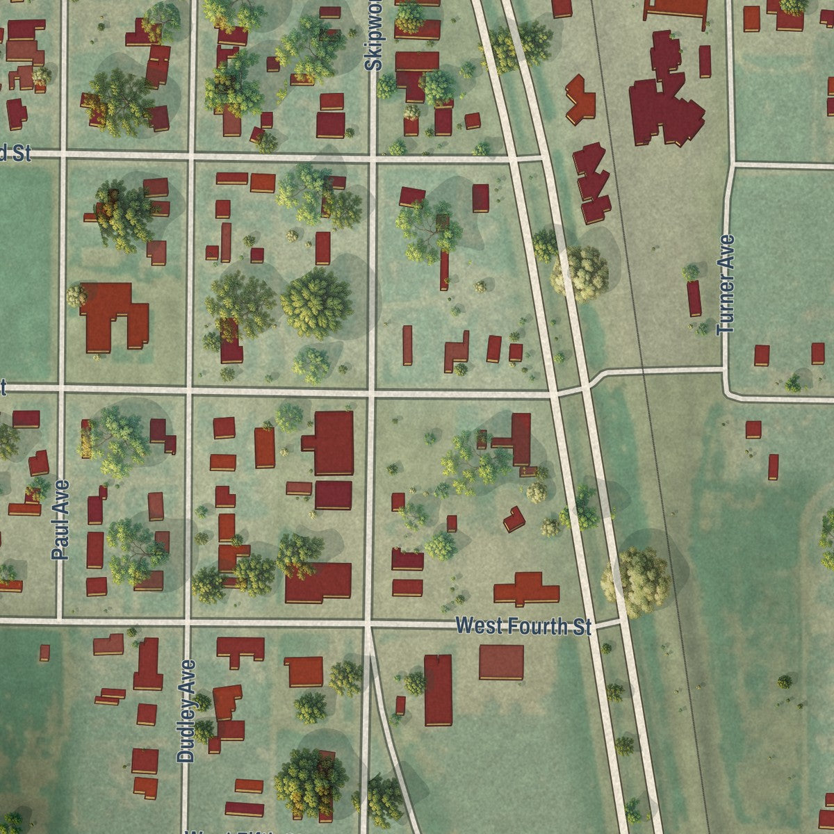 Close-up of the map of Kress, Texas print showing street and building detail
