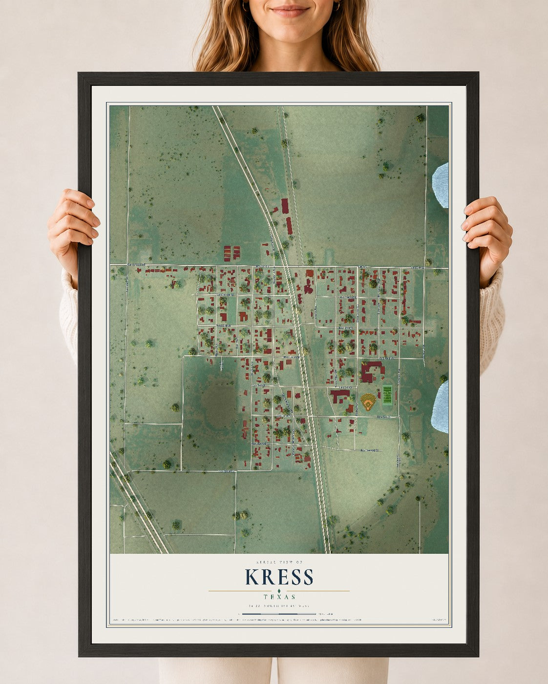 Map of Kress, Texas, 24 x 36 inch print in a black wood frame