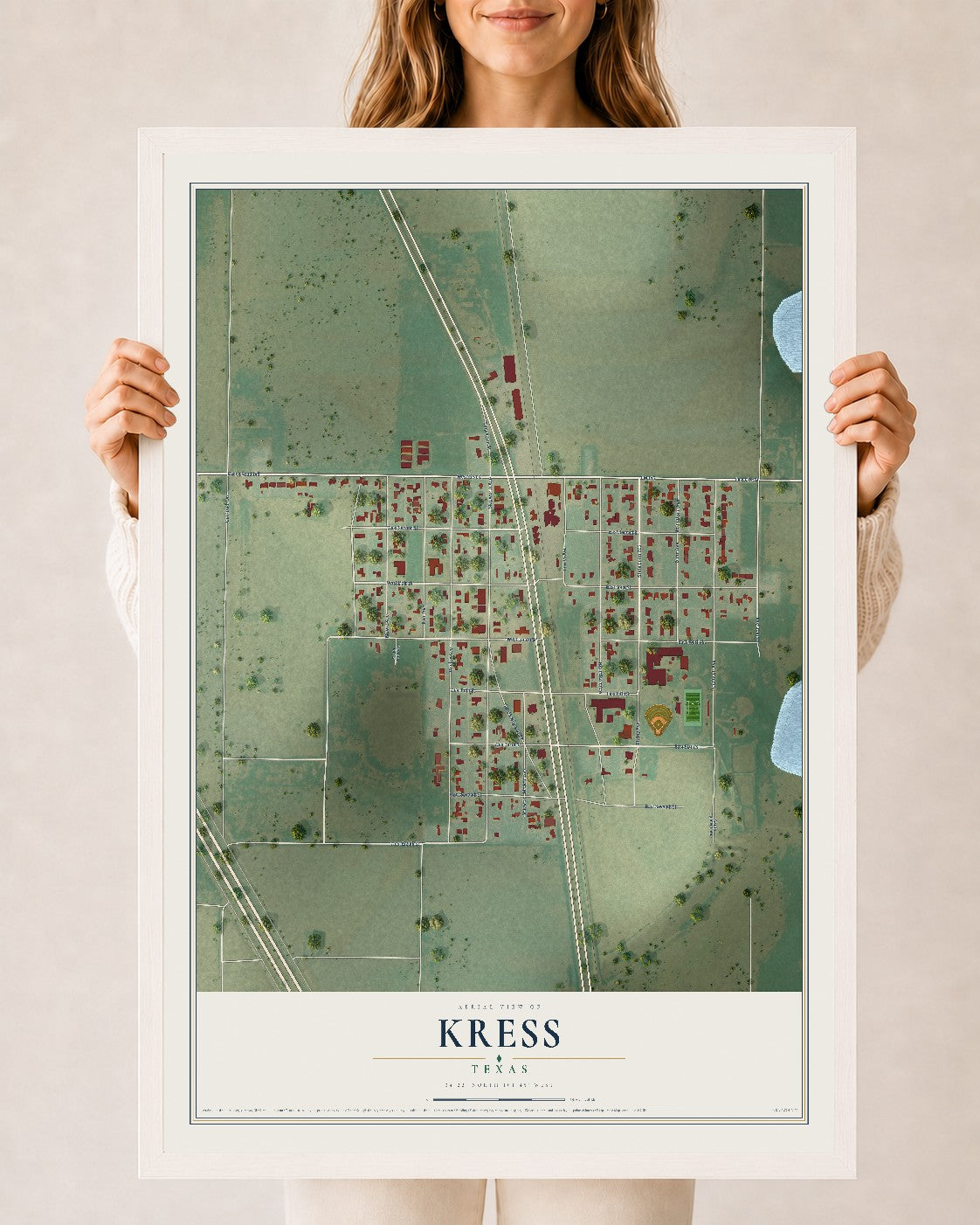 Map of Kress, Texas, 24 x 36 inch print in a white wood frame