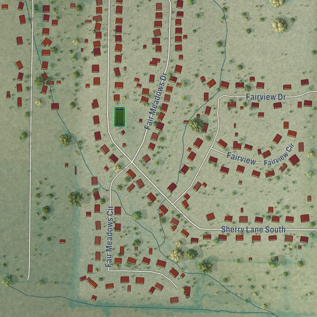 Close-up of the map of Krugerville, Texas print showing street and building detail