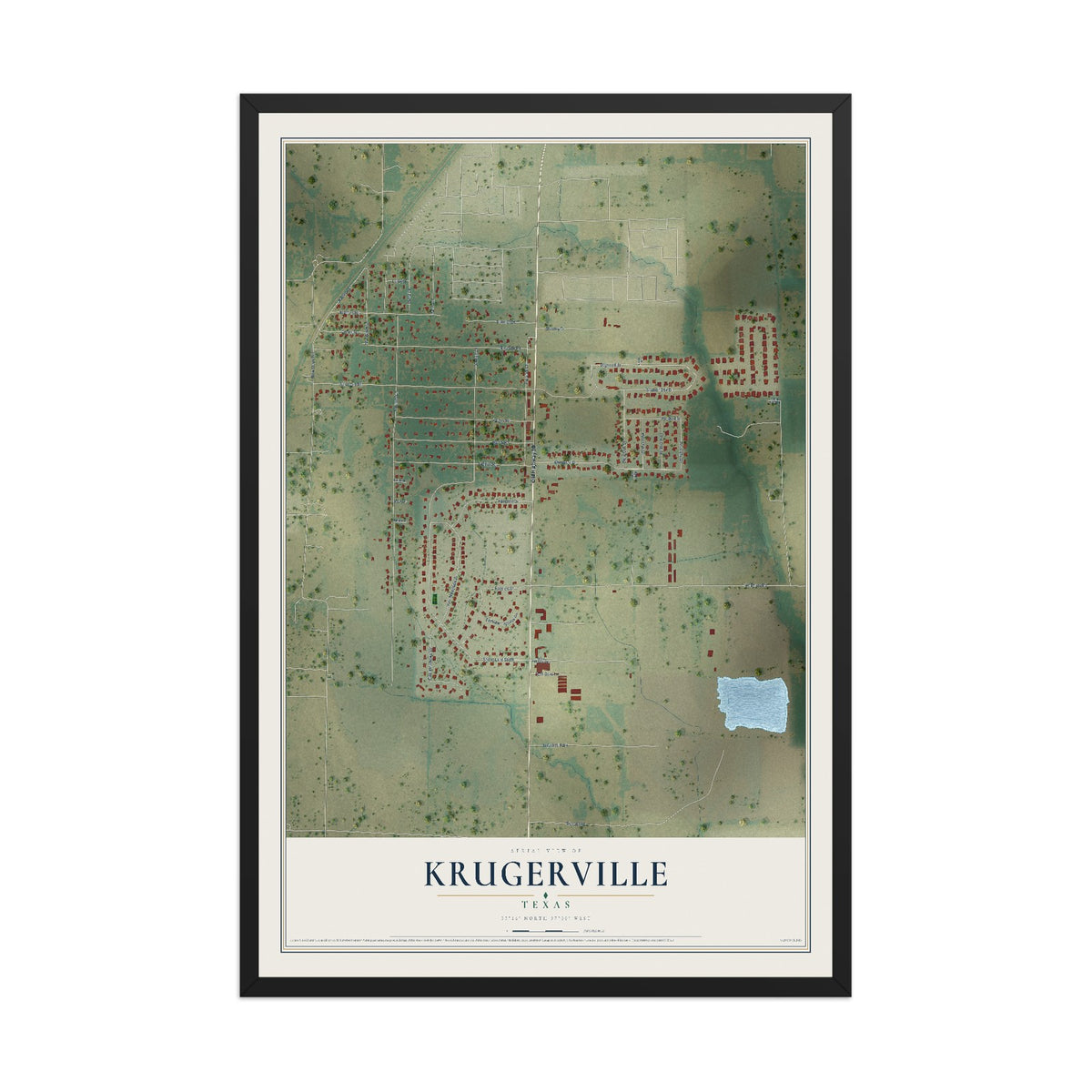 Map of Krugerville, Texas, 12 x 18 inch print in a black wood frame