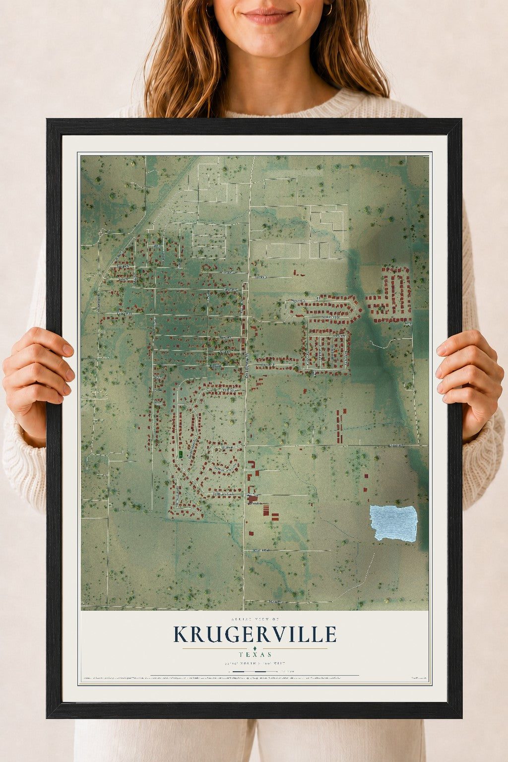 Map of Krugerville, Texas, 18 x 24 inch print in a black wood frame