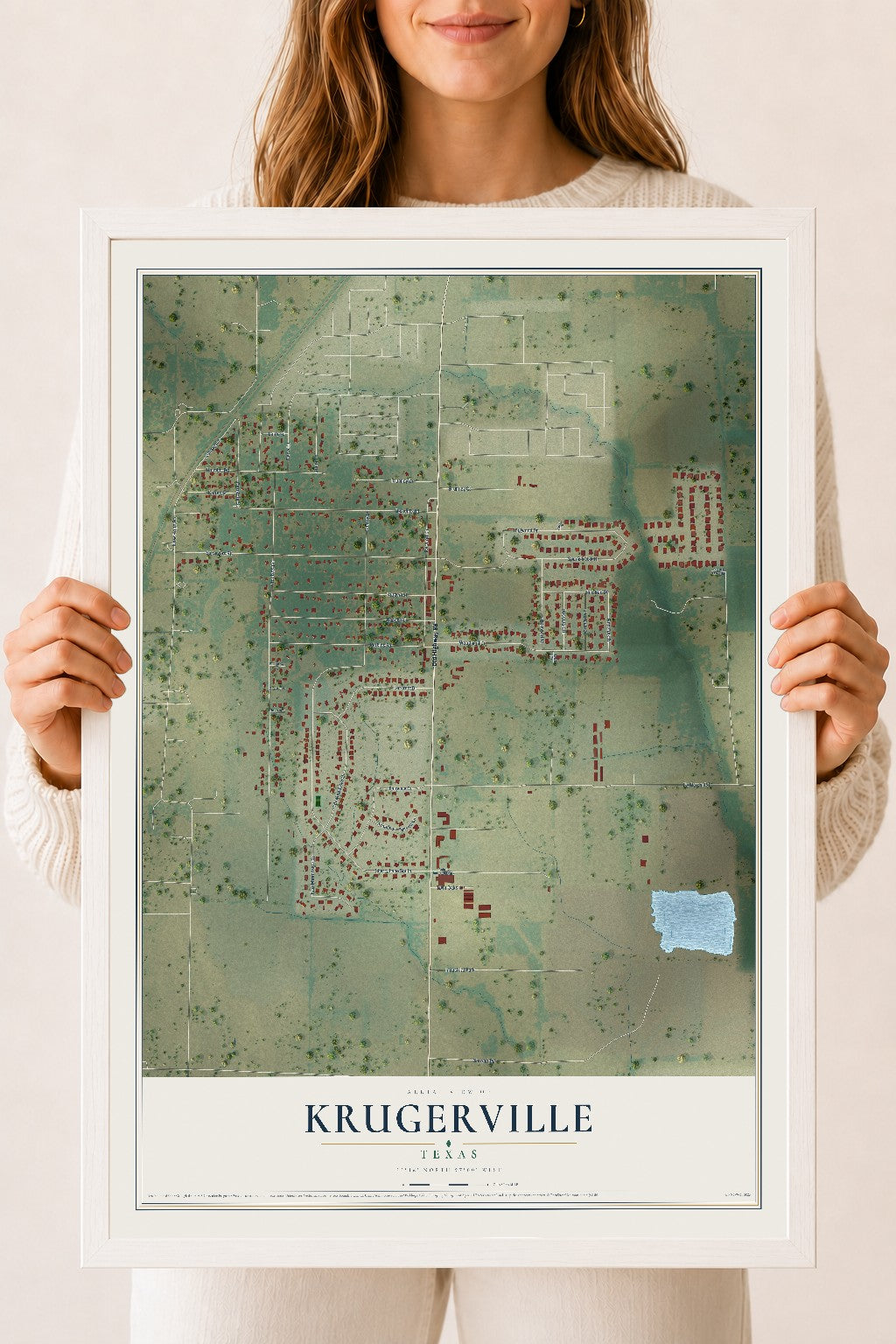 Map of Krugerville, Texas, 18 x 24 inch print in a white wood frame