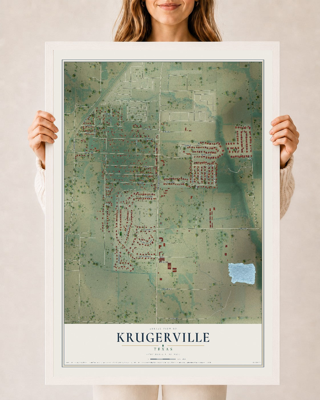 Map of Krugerville, Texas, 24 x 36 inch print in a white wood frame