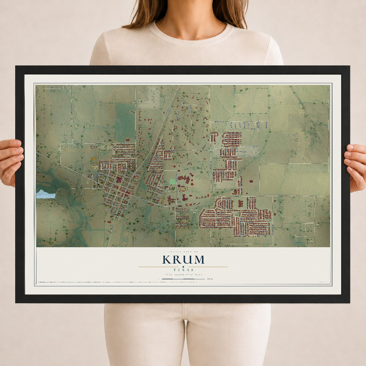 Map of Krum, Texas, 18 x 24 inch print in a black wood frame