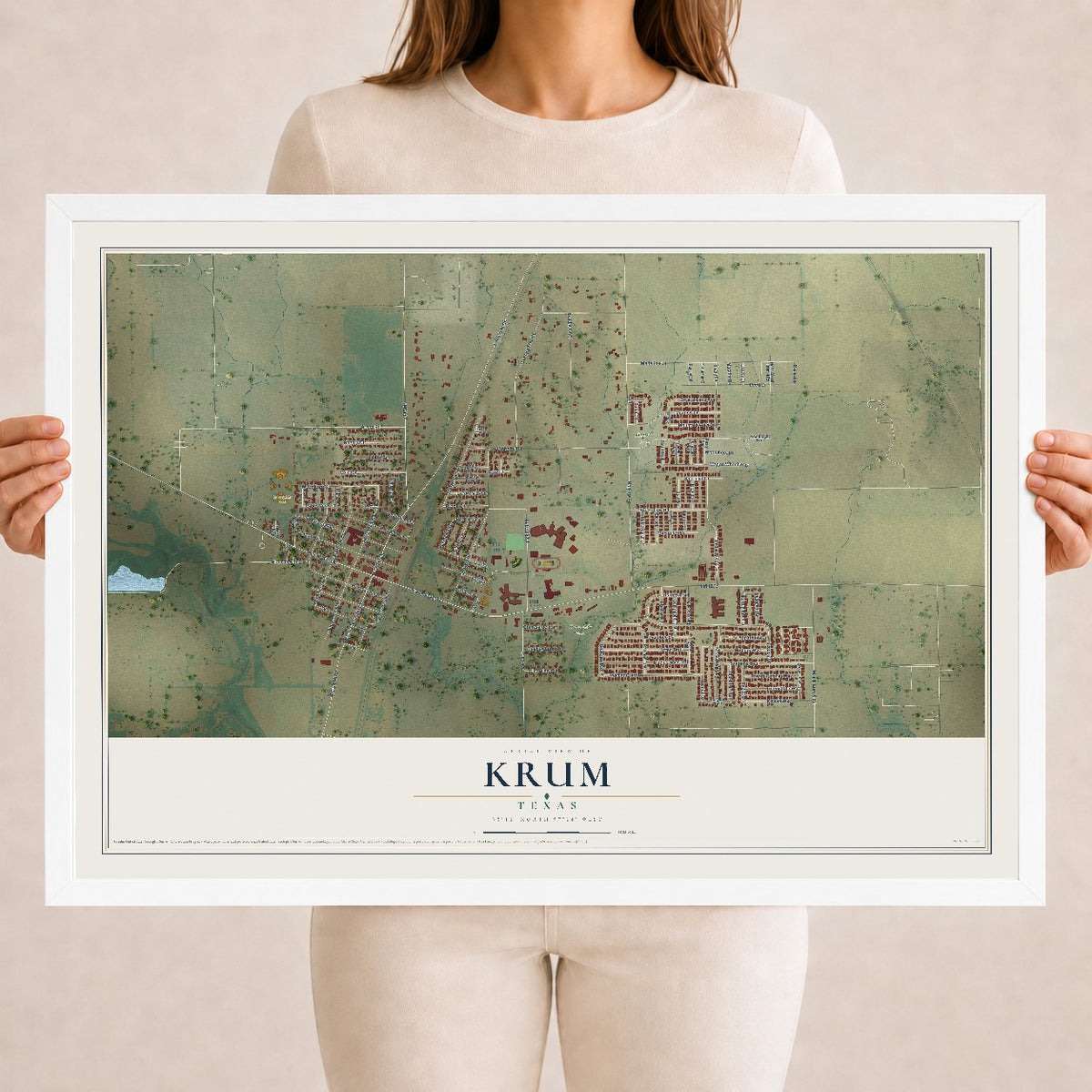 Map of Krum, Texas, 18 x 24 inch print in a white wood frame