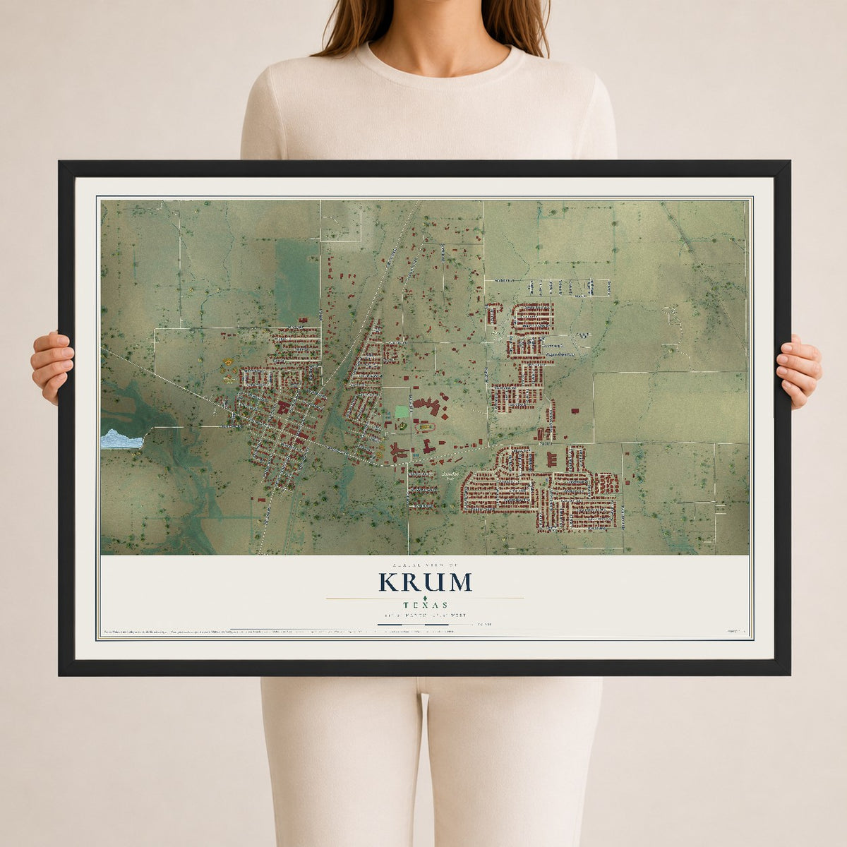 Map of Krum, Texas, 24 x 36 inch print in a black wood frame