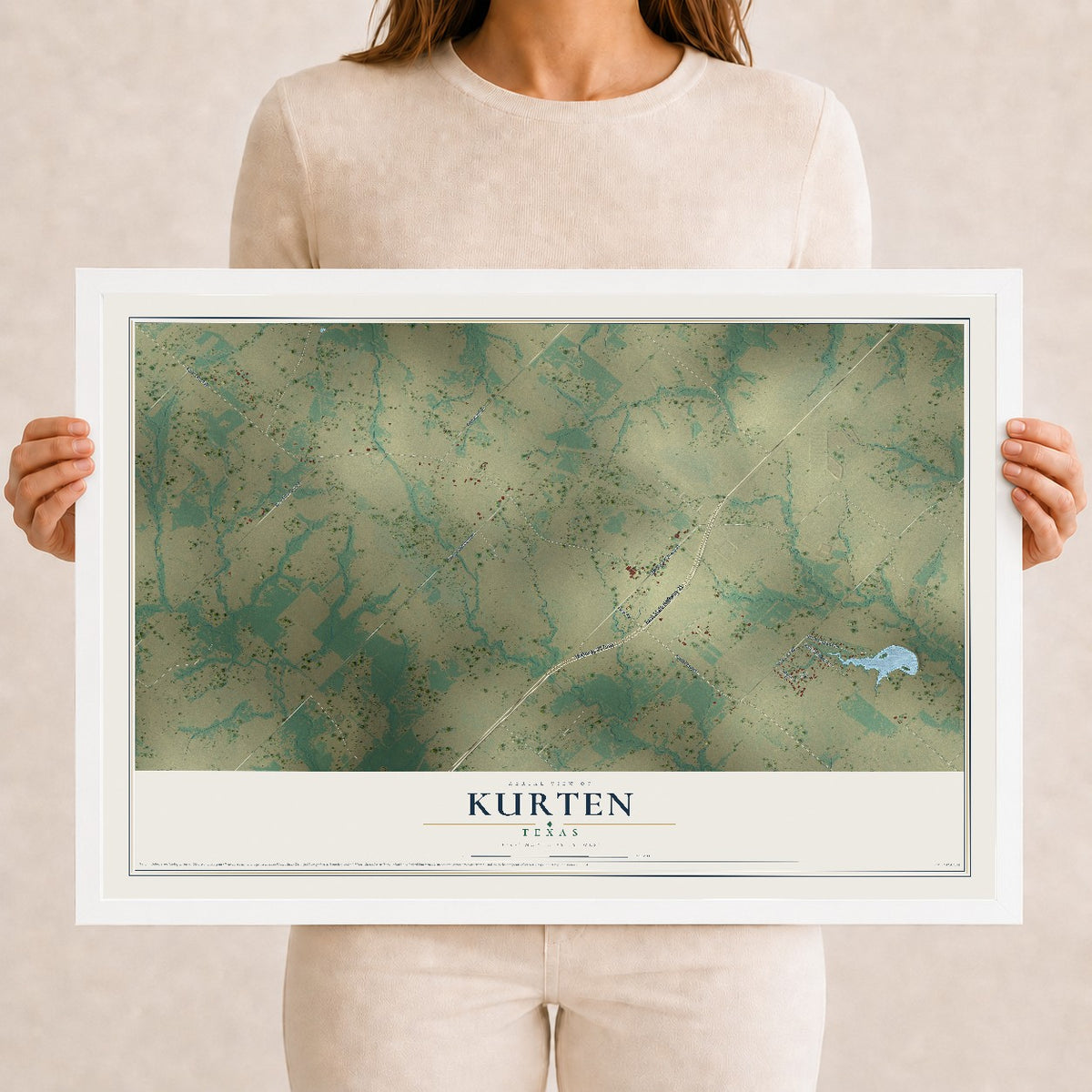 Map of Kurten, Texas, 12 x 18 inch print in a white wood frame