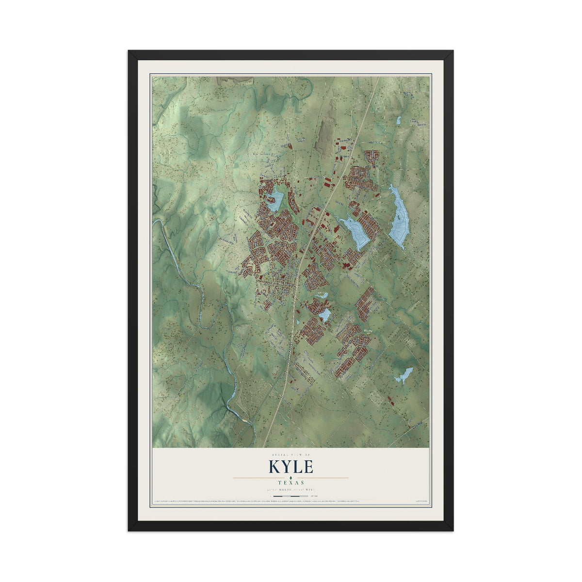 Map of Kyle, Texas, 12 x 18 inch print in a black wood frame