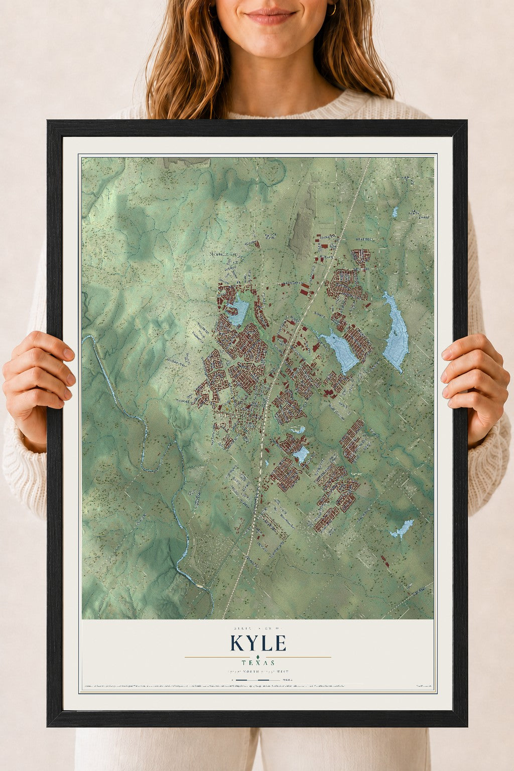 Map of Kyle, Texas, 18 x 24 inch print in a black wood frame