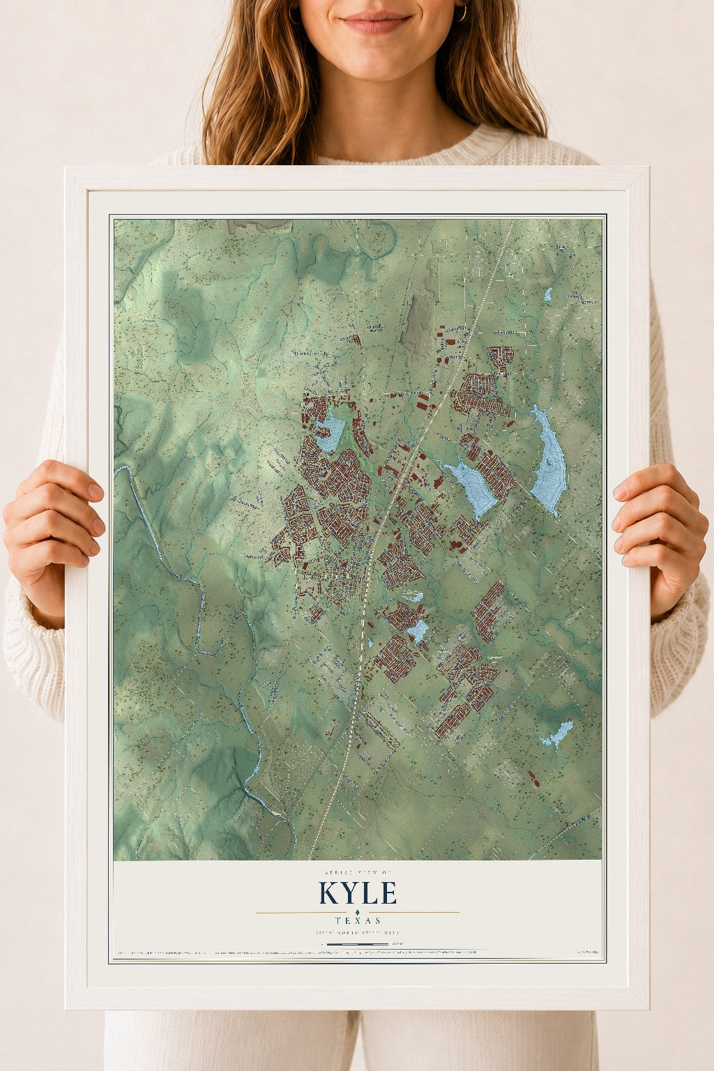 Map of Kyle, Texas, 18 x 24 inch print in a white wood frame