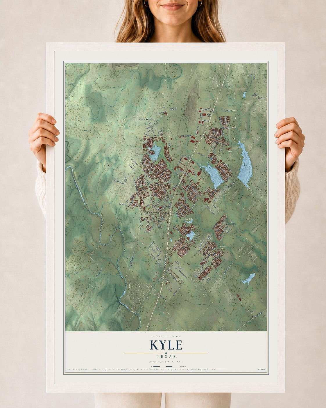 Map of Kyle, Texas, 24 x 36 inch print in a white wood frame