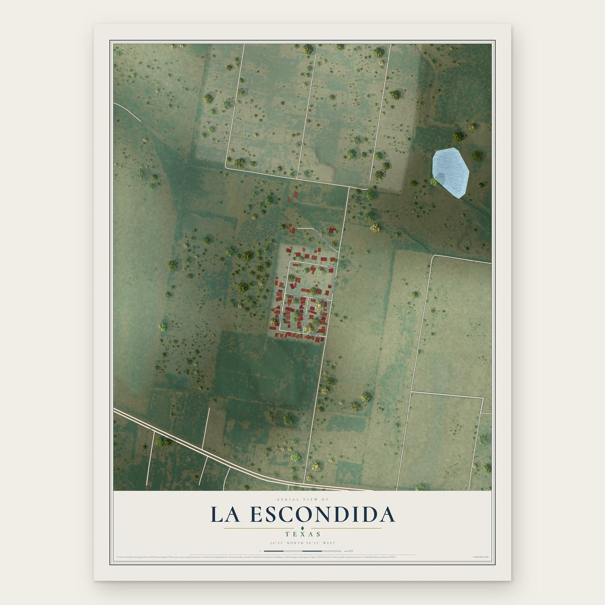 La Escondida, Texas map print, the full design