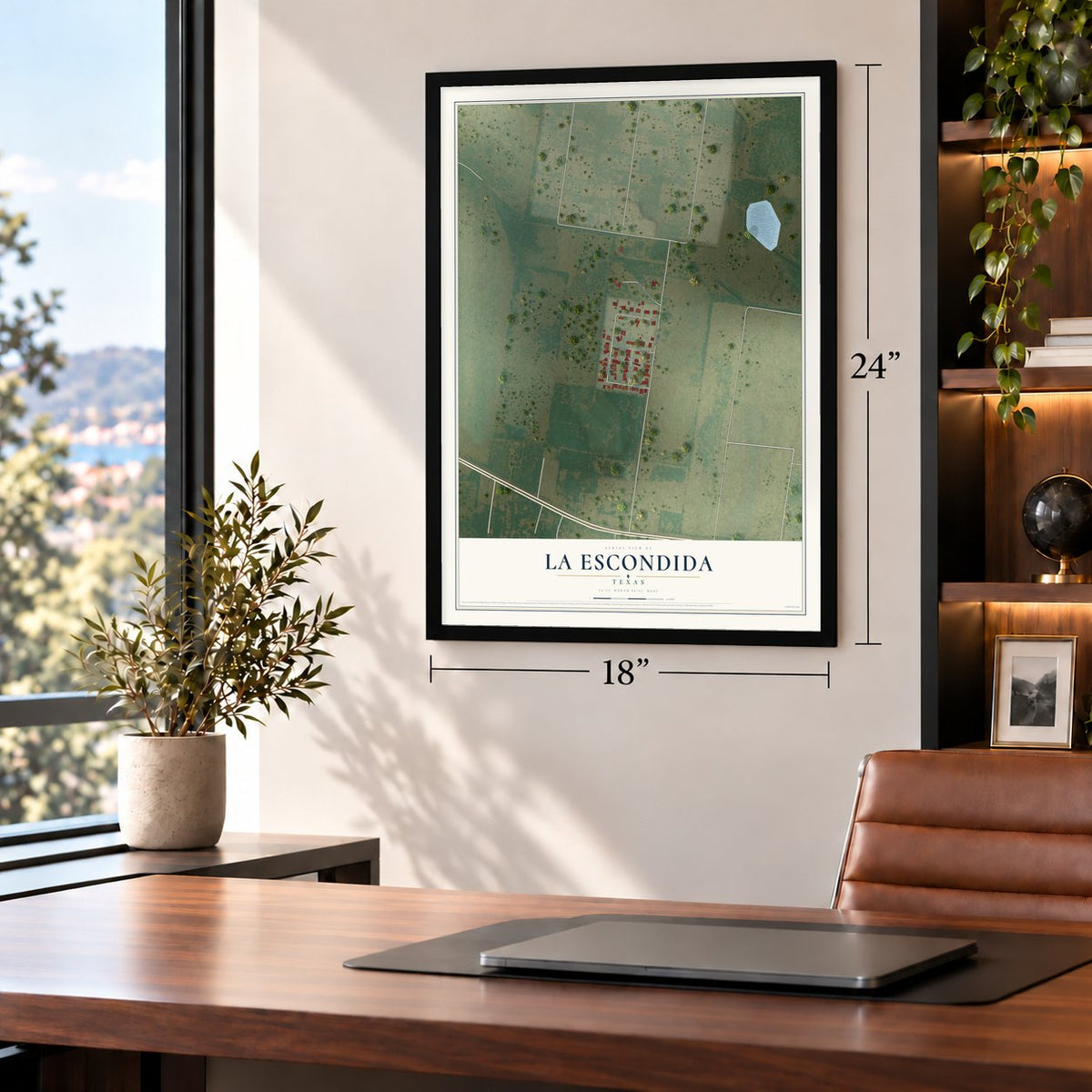 La Escondida, Texas map, 18 x 24 inch print in a black frame in a home office
