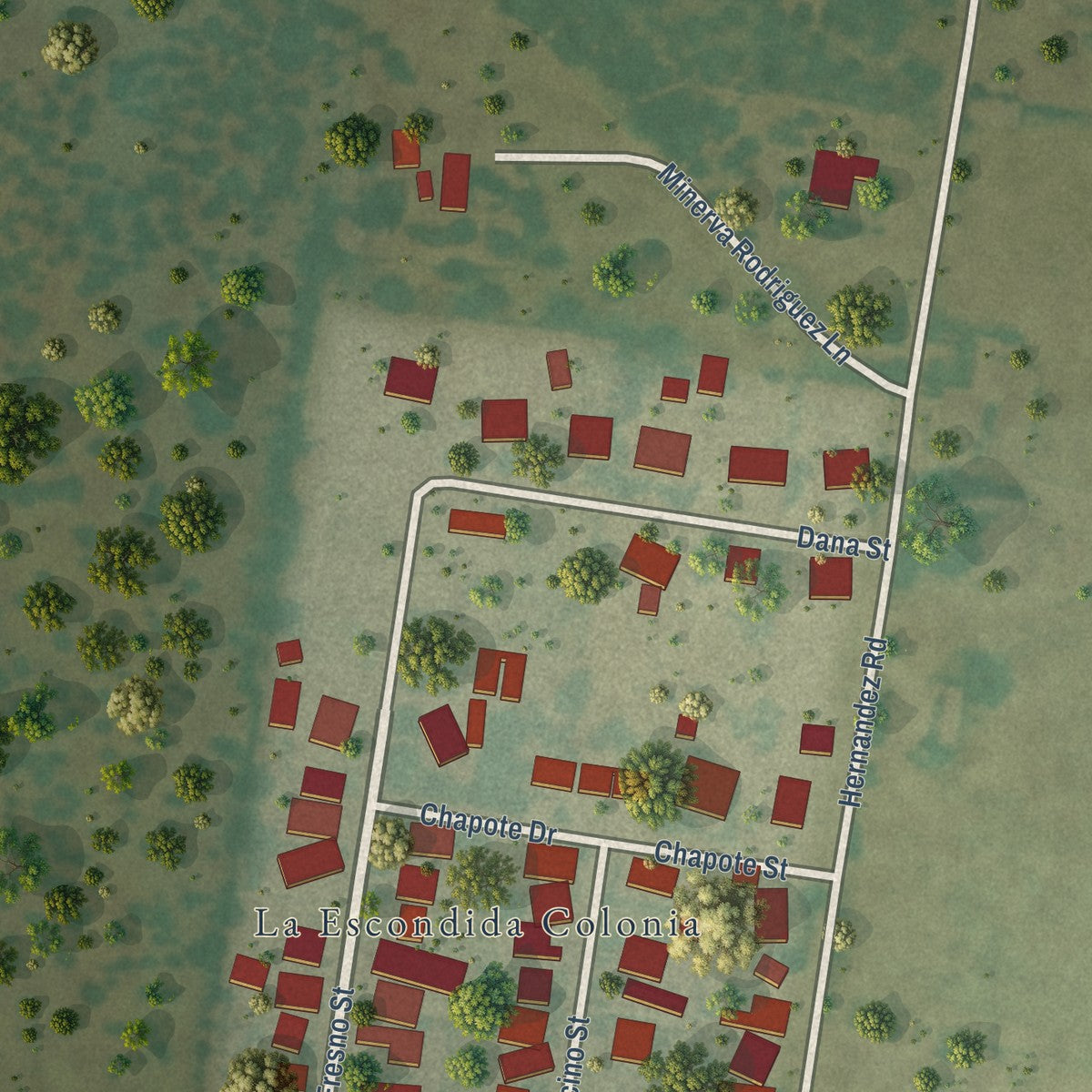 Close-up of the map of La Escondida, Texas print showing street and building detail
