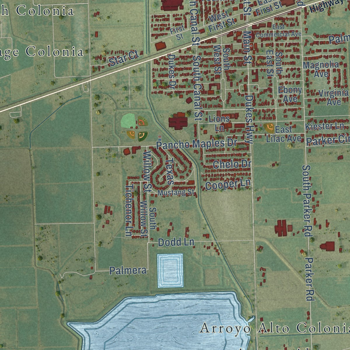 Close-up of the map of La Feria, Texas print showing street and building detail