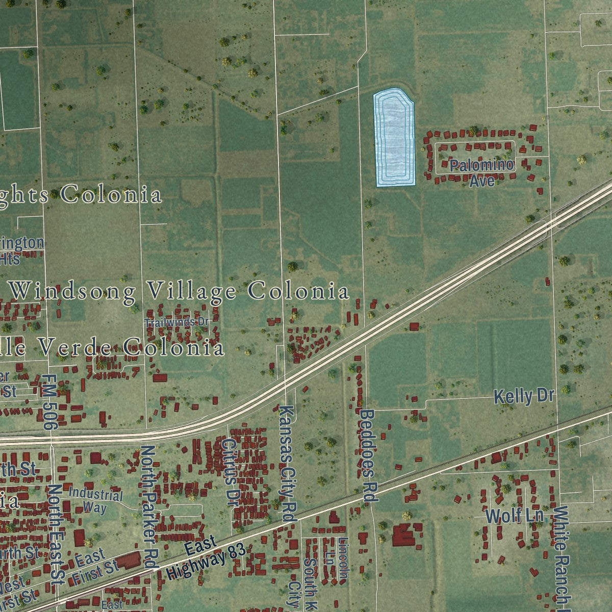 Second close-up of the map of La Feria, Texas print showing more streets and buildings