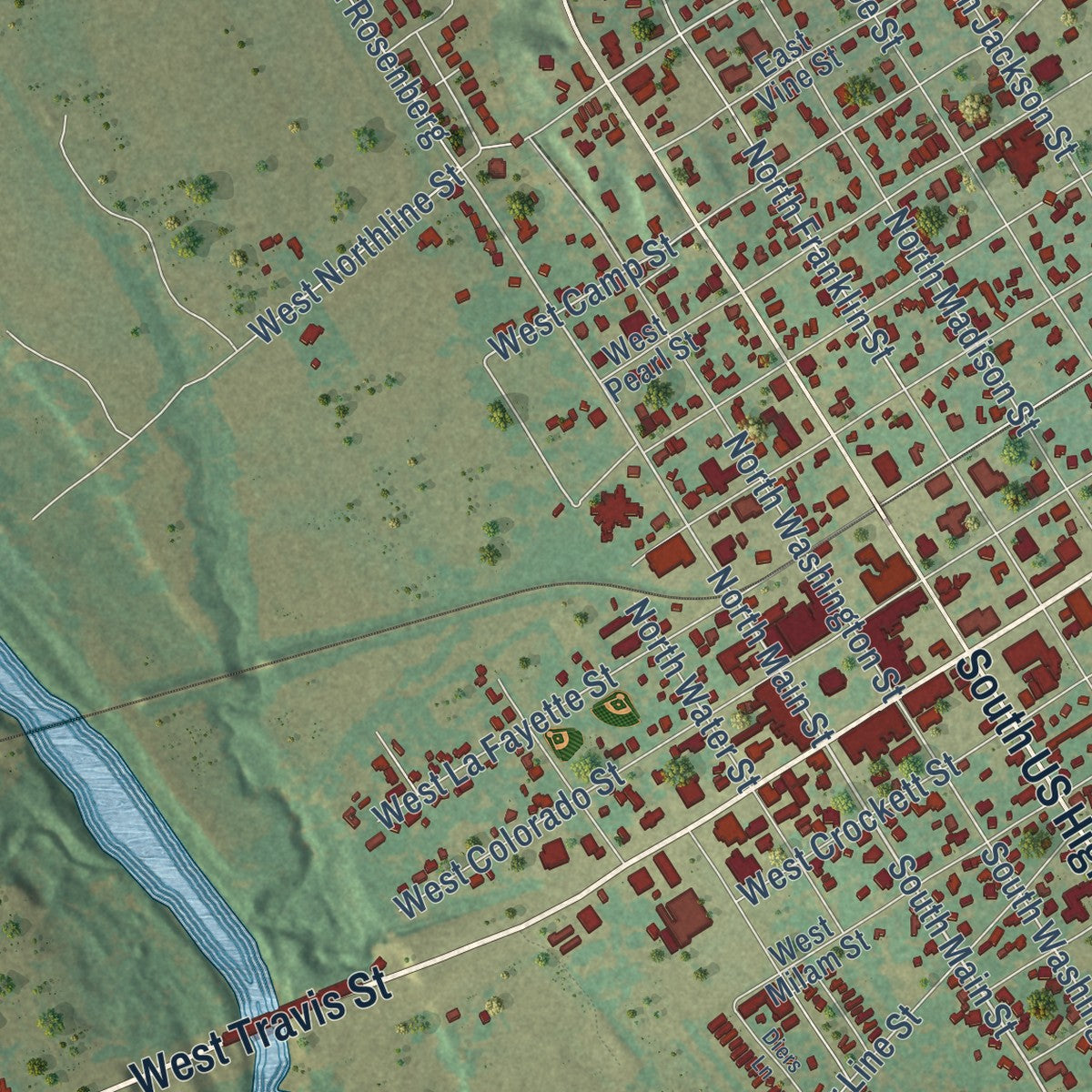 Second close-up of the map of La Grange, Texas print showing more streets and buildings