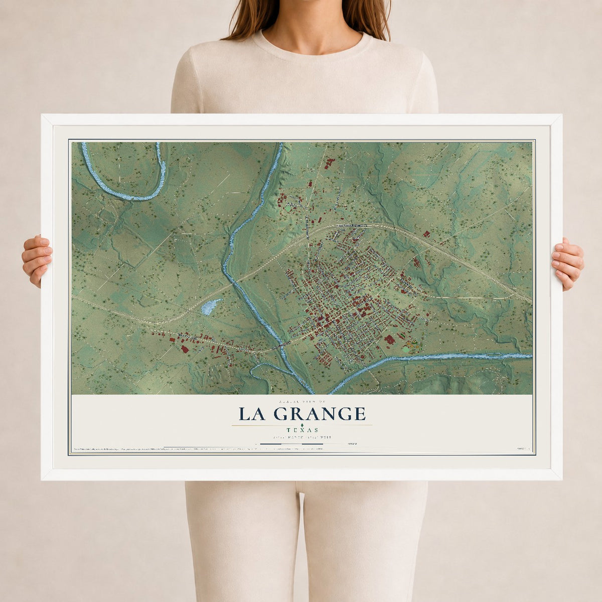 Map of La Grange, Texas, 24 x 36 inch print in a white wood frame