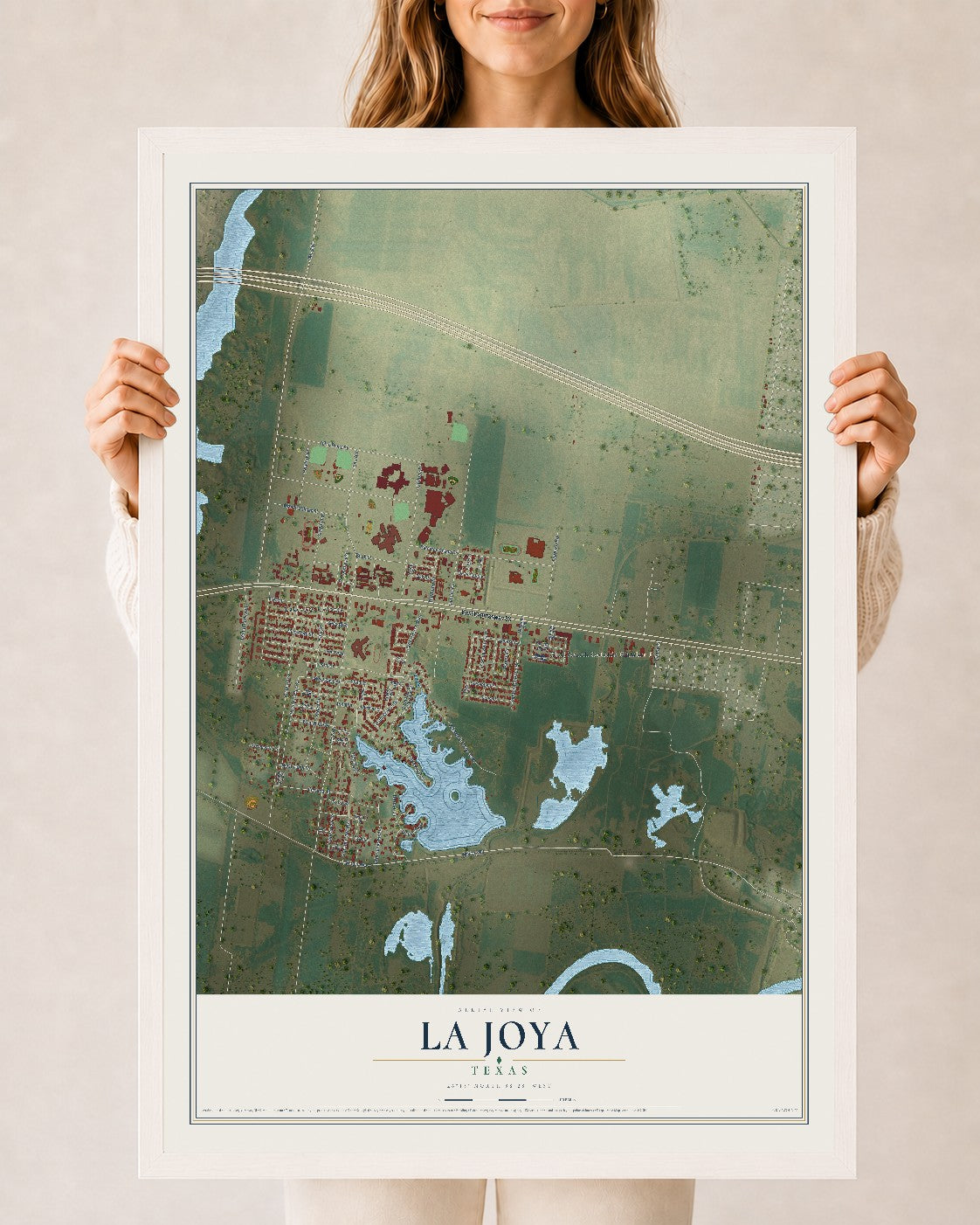 Map of La Joya, Texas, 24 x 36 inch print in a white wood frame