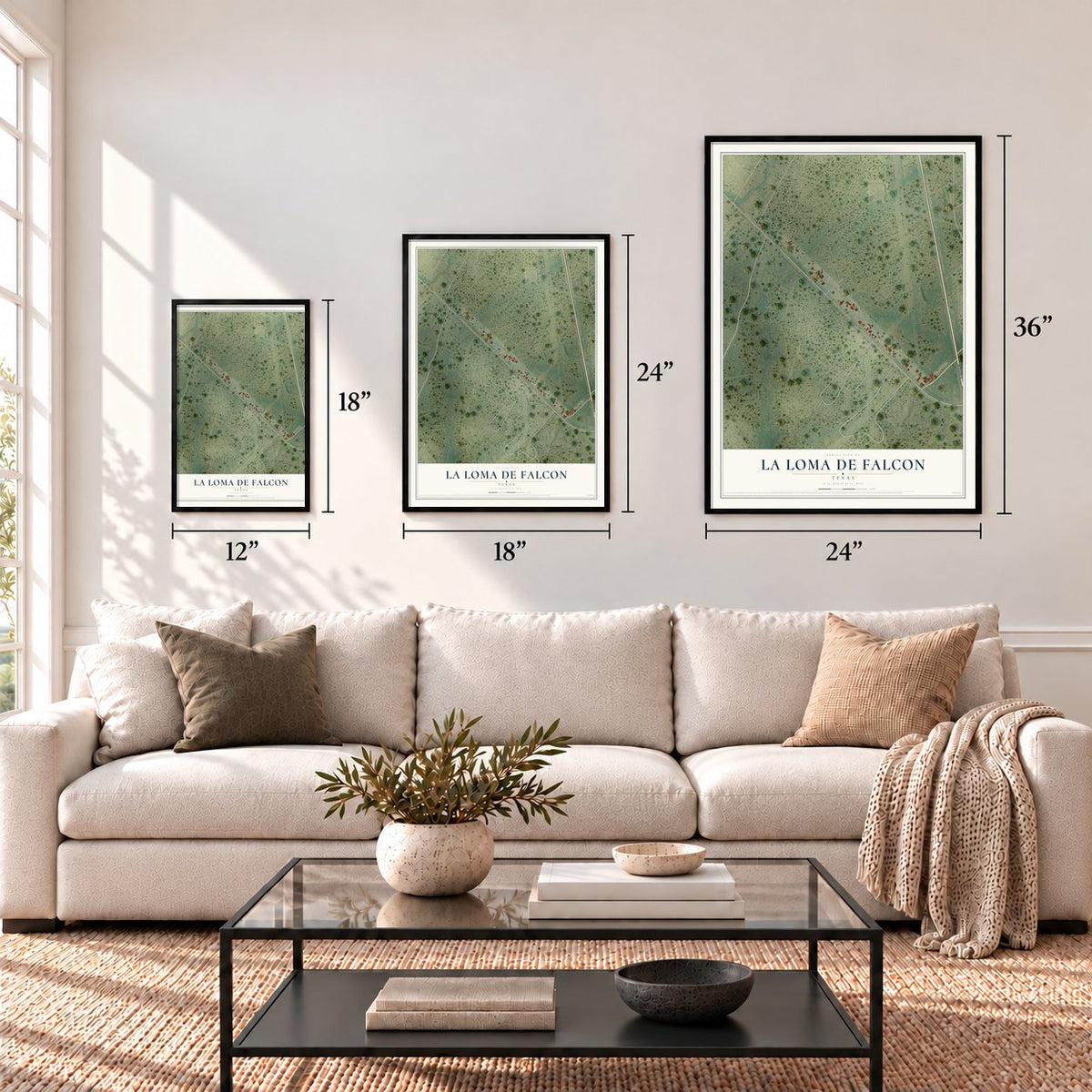 La Loma de Falcon, Texas map in 12 x 18, 18 x 24 and 24 x 36 inch sizes above a sofa