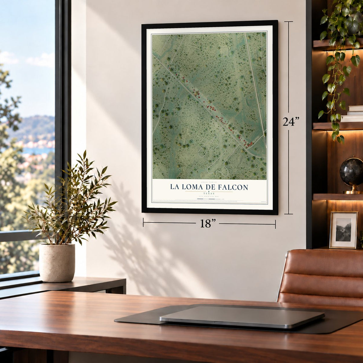 La Loma de Falcon, Texas map, 18 x 24 inch print in a black frame in a home office