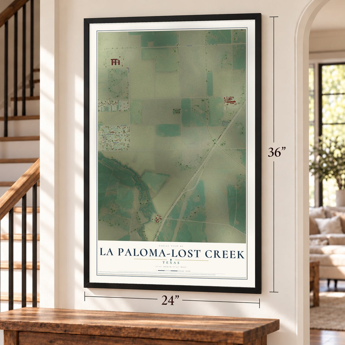 La Paloma-Lost Creek, Texas map, 24 x 36 inch print in a black frame by a staircase