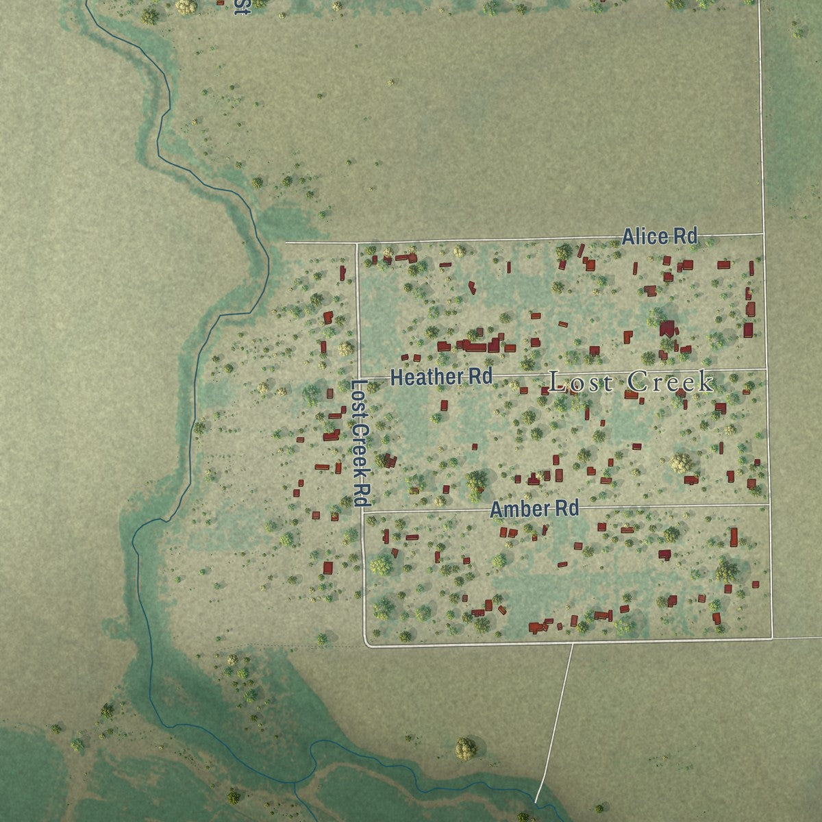 Close-up of the map of La Paloma-Lost Creek, Texas print showing street and building detail