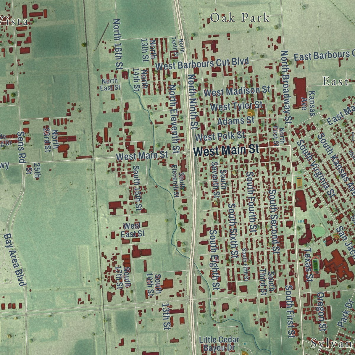 Second close-up of the map of La Porte, Texas print showing more streets and buildings