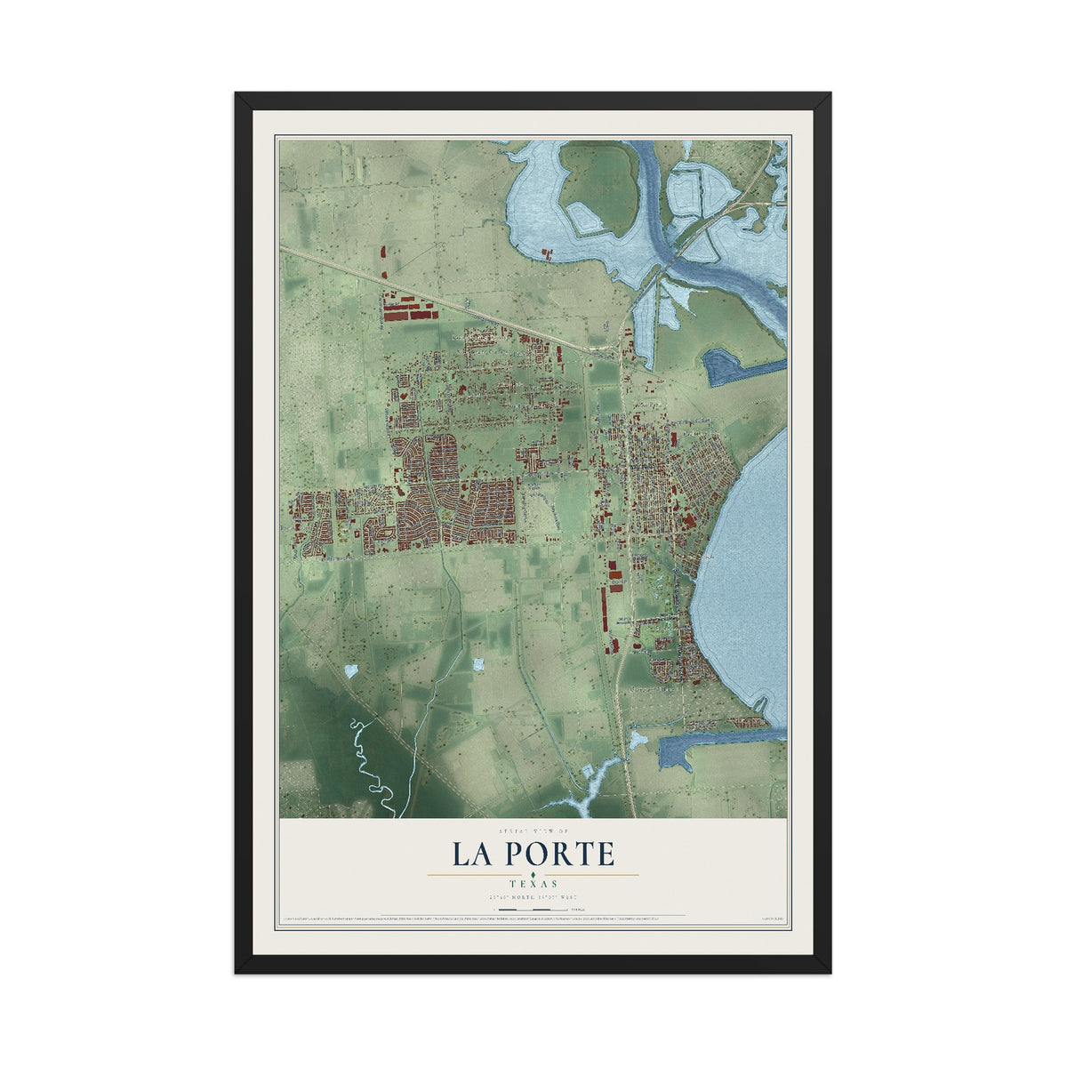 Map of La Porte, Texas, 12 x 18 inch print in a black wood frame