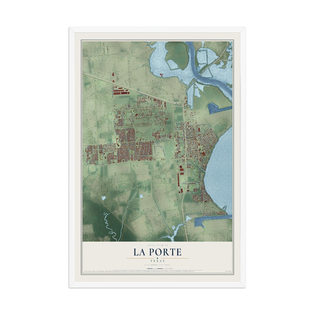 Map of La Porte, Texas, 12 x 18 inch print in a white wood frame
