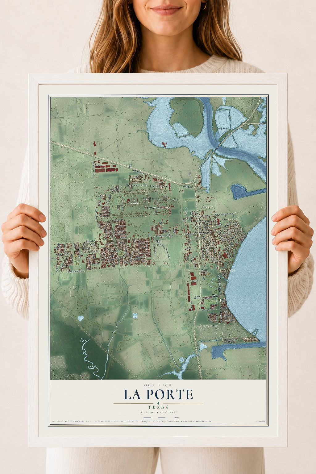Map of La Porte, Texas, 18 x 24 inch print in a white wood frame