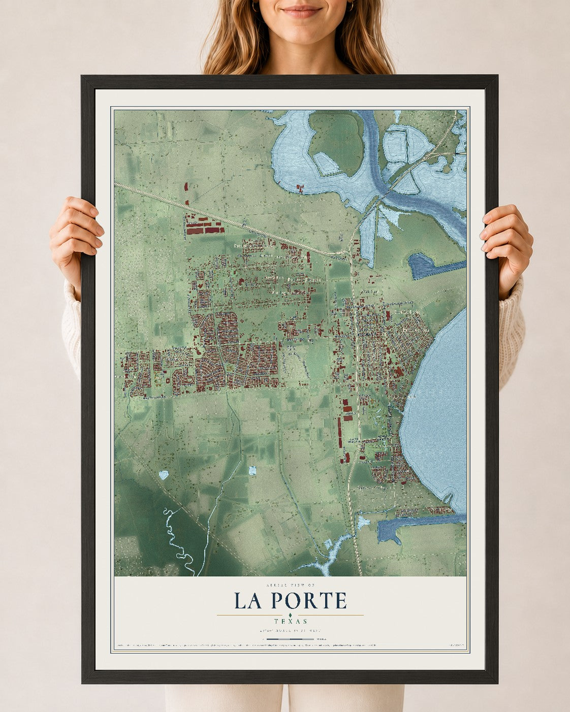 Map of La Porte, Texas, 24 x 36 inch print in a black wood frame