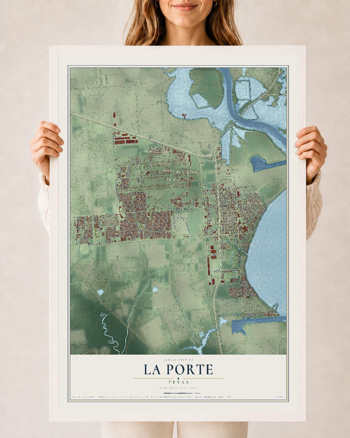 Map of La Porte, Texas, 24 x 36 inch print in a white wood frame