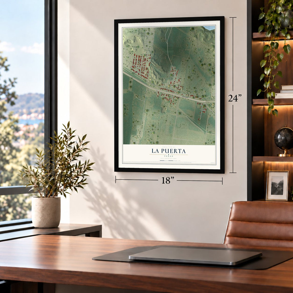 La Puerta, Texas map, 18 x 24 inch print in a black frame in a home office