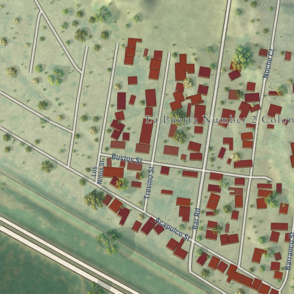 Close-up of the map of La Puerta, Texas print showing street and building detail