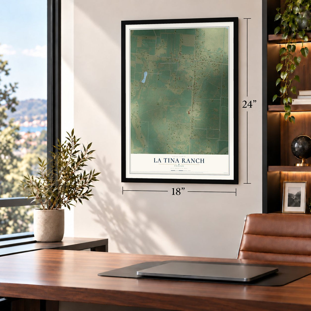 La Tina Ranch, Texas map, 18 x 24 inch print in a black frame in a home office