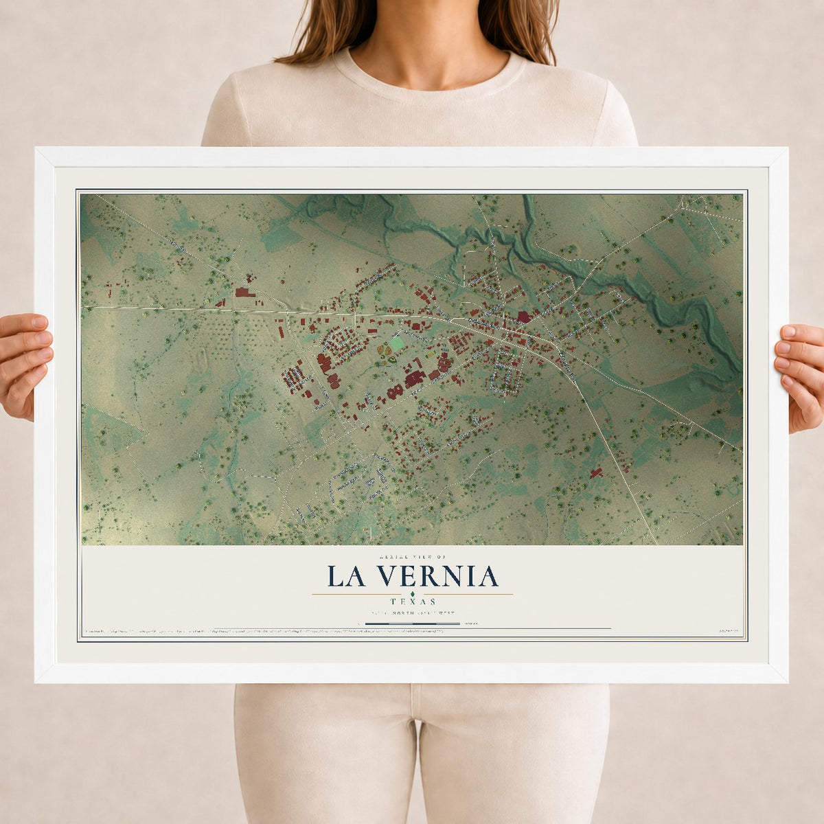Map of La Vernia, Texas, 18 x 24 inch print in a white wood frame