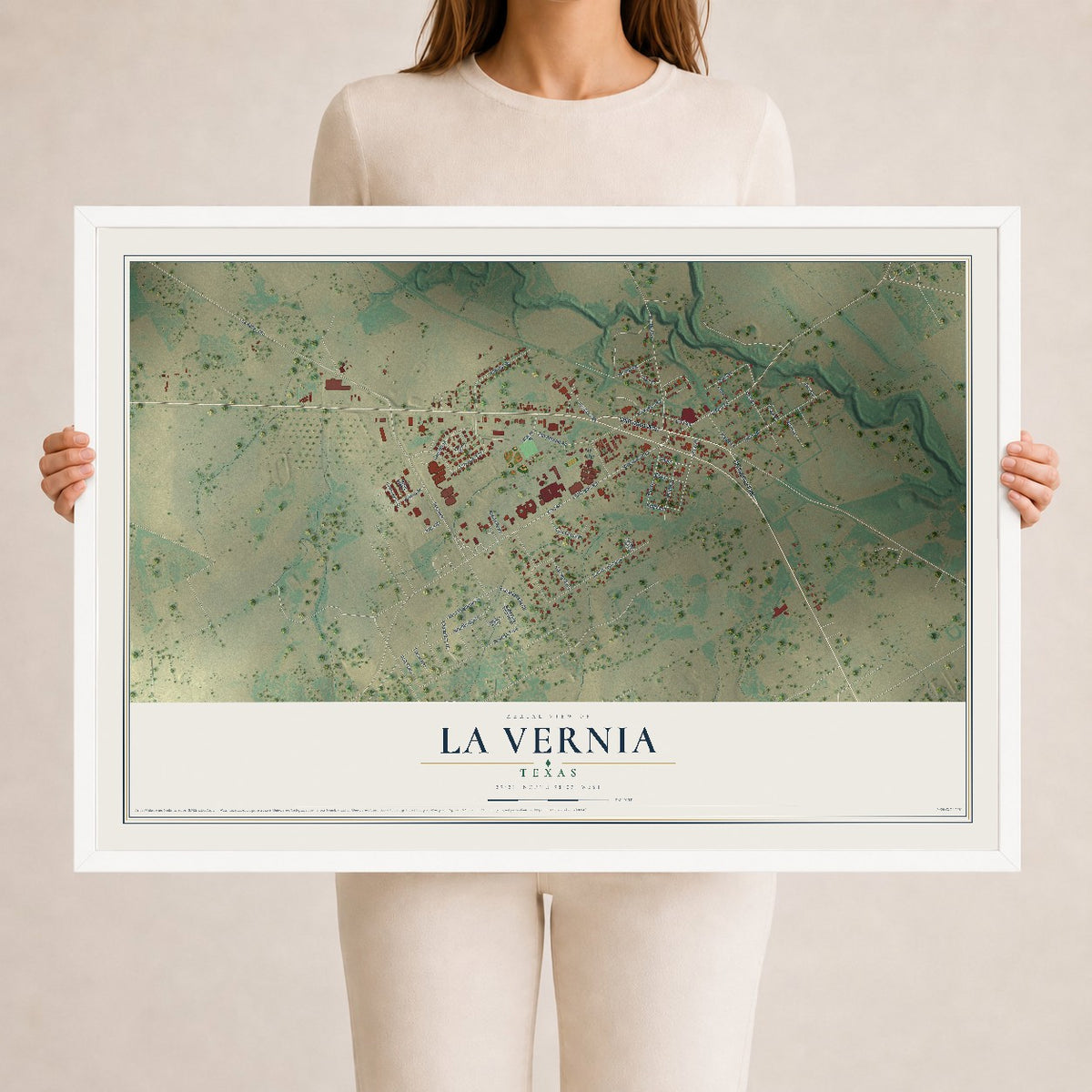 Map of La Vernia, Texas, 24 x 36 inch print in a white wood frame