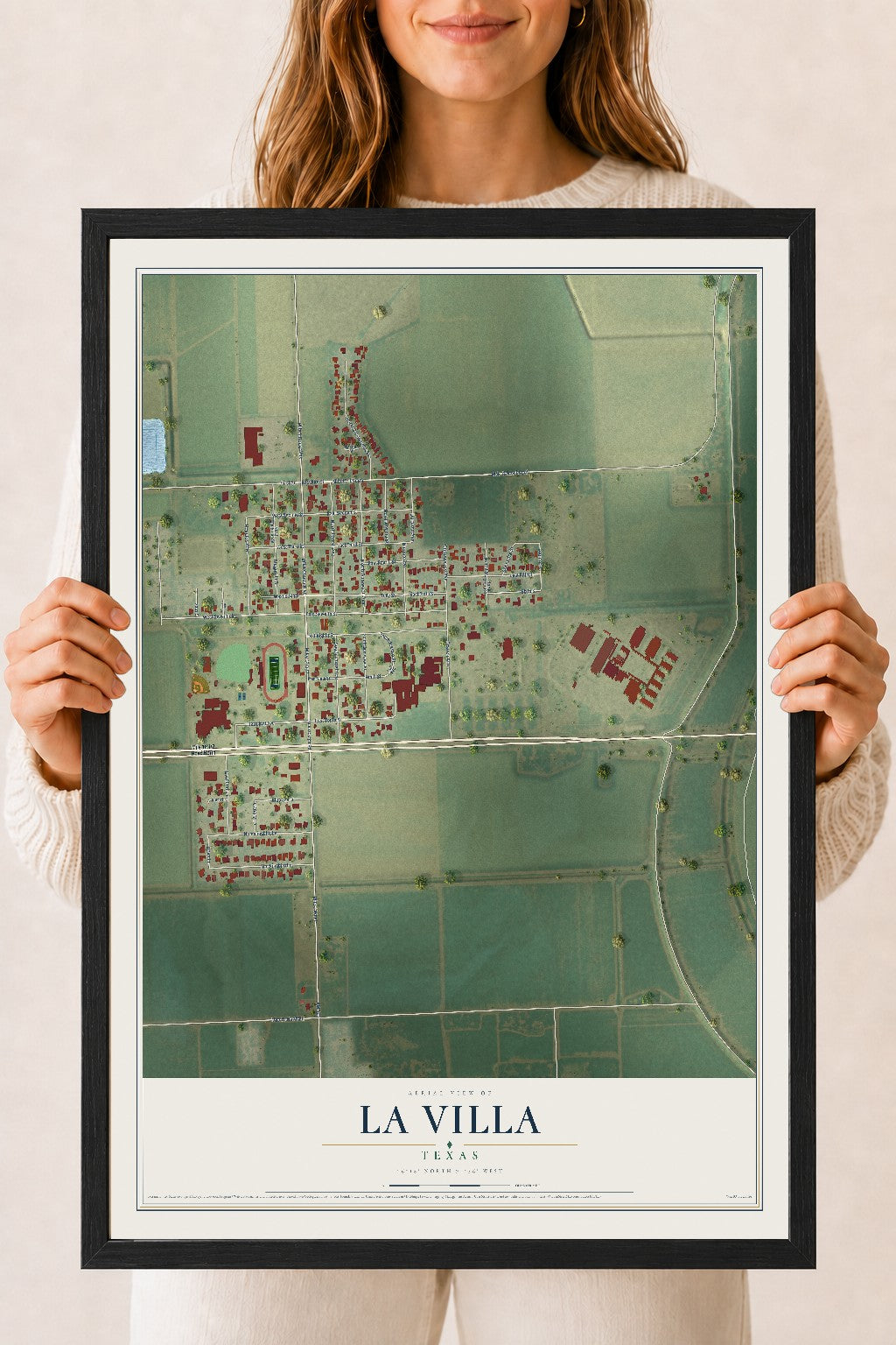 Map of La Villa, Texas, 18 x 24 inch print in a black wood frame